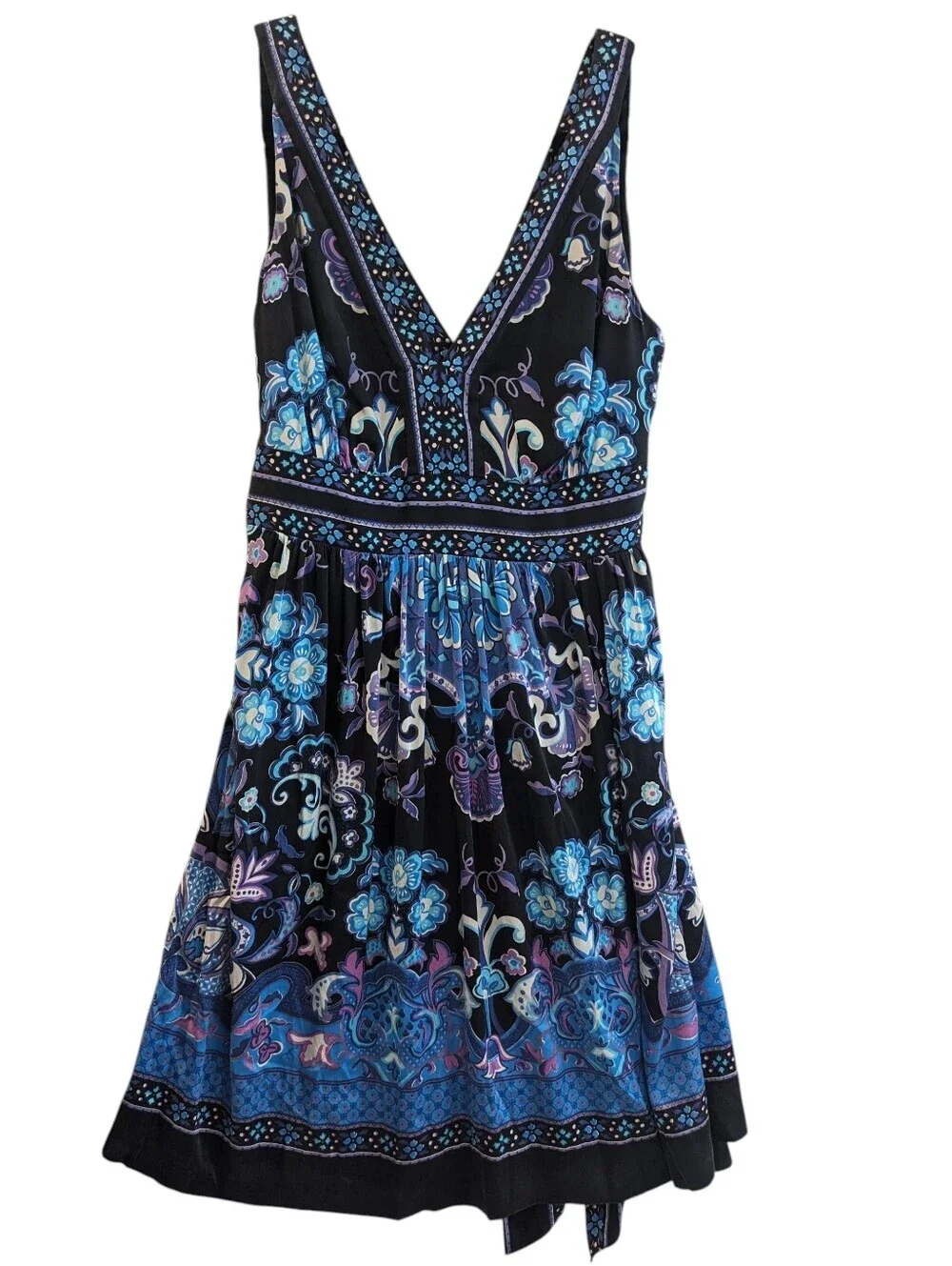 ECI Black V-Neck Midi Dress with Blue & Purple Floral Border Silk Blend  Size12 - Picture 5 of 12